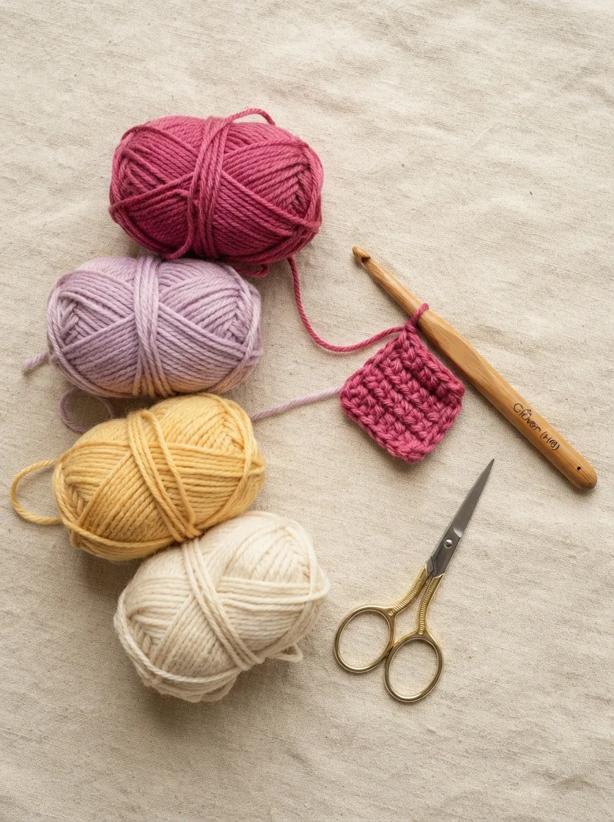 Four small balls of worsted yarn in berry, lilac, butter, and cream with a 5 mm hook.