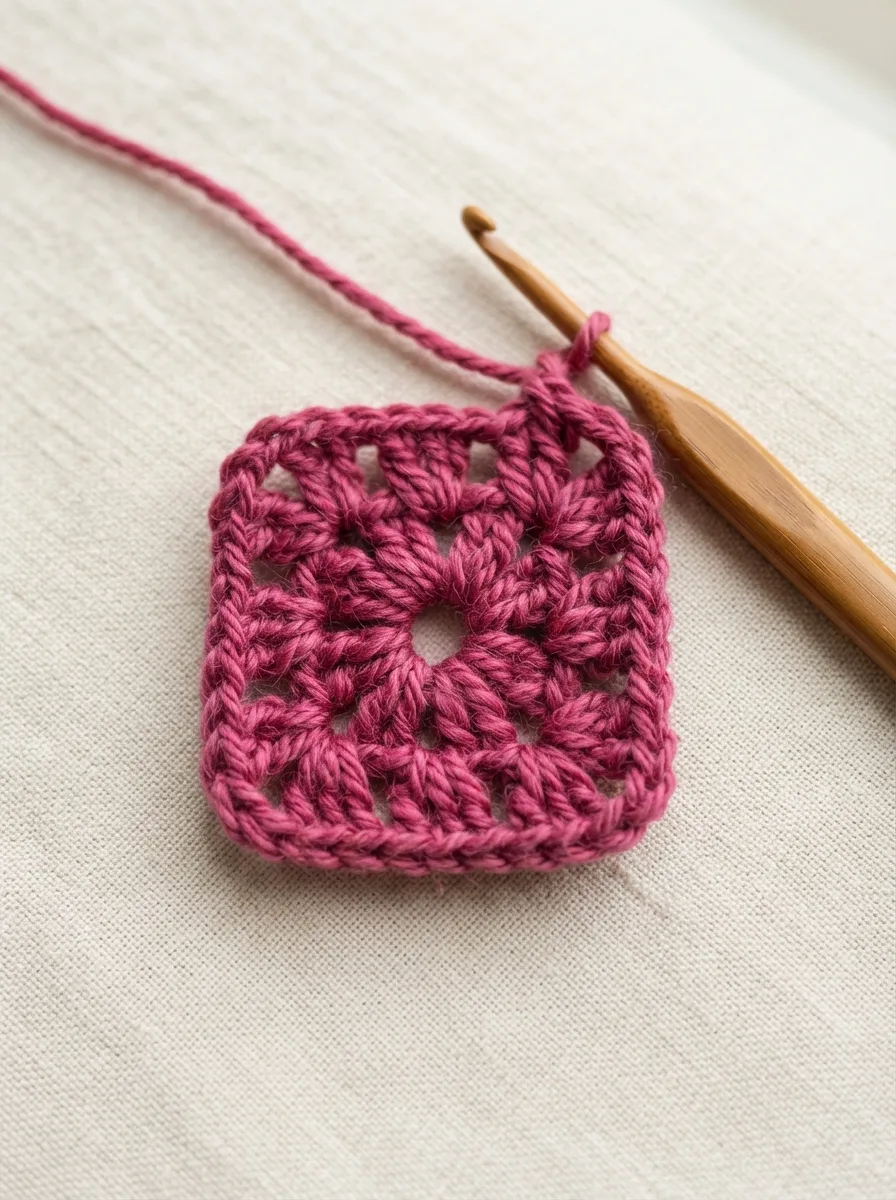 Round 1 of a granny square: four clusters of three double crochet around a small ring.