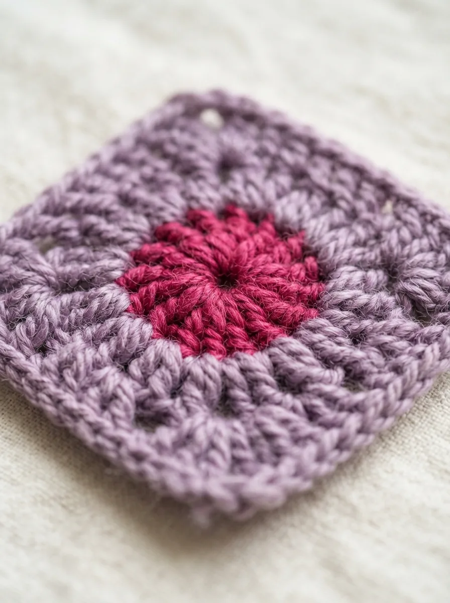 Round 2 of a granny square with two clusters in each corner space.