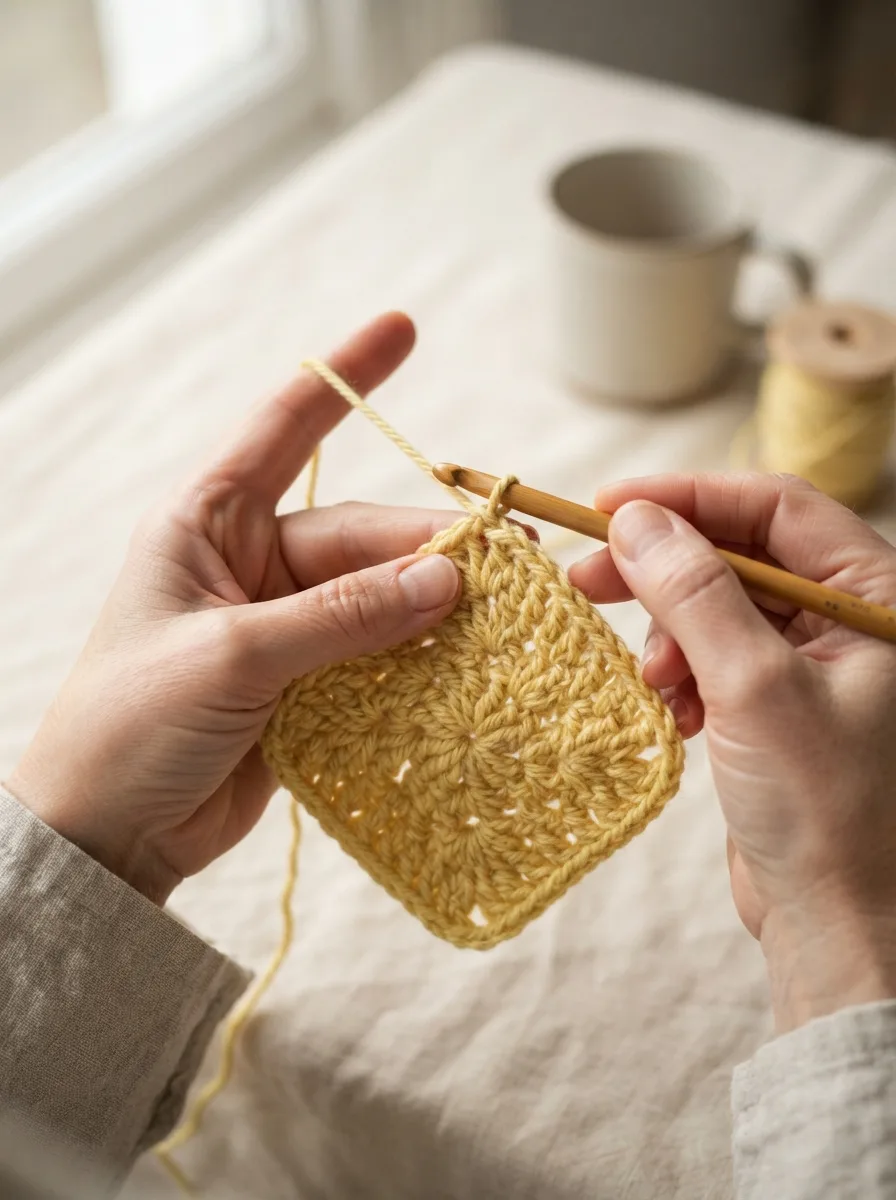 Hands working three double crochet into the corner chain space of a granny square.