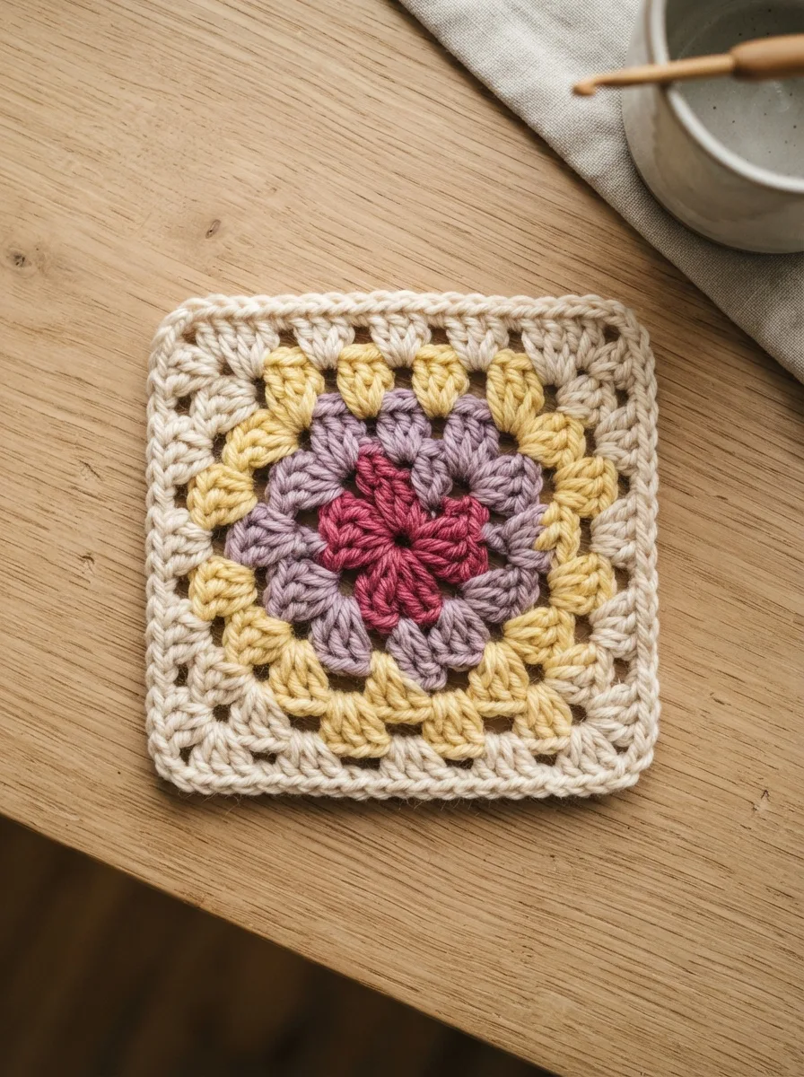 A finished four-round granny square in berry, lilac, butter, and cream.