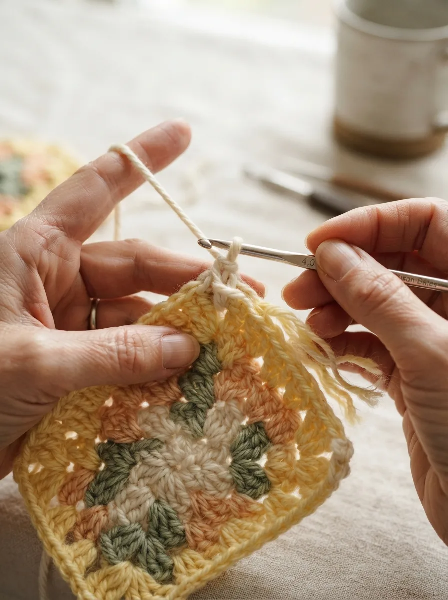 Close-up of a new yarn color being joined into a corner space of a granny square.