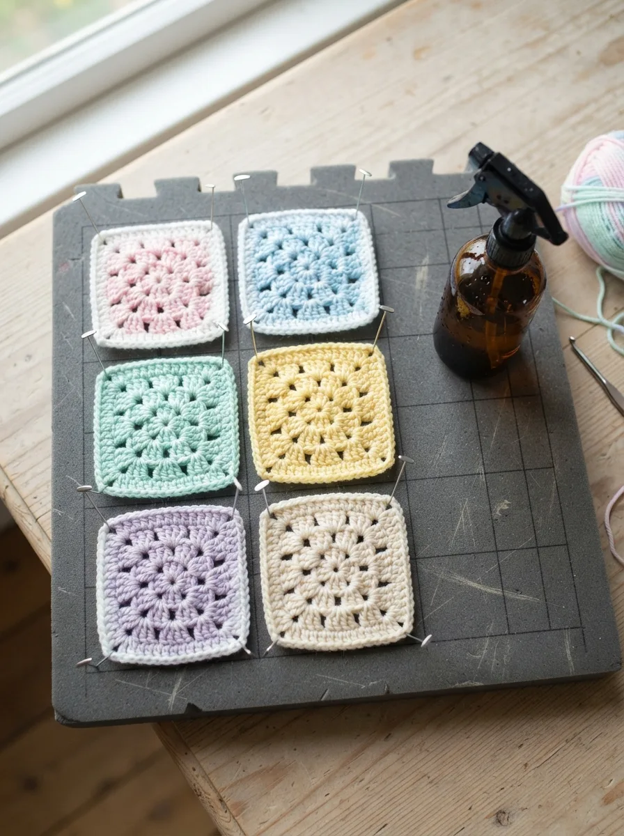 Granny squares pinned flat on a blocking board to square them up.