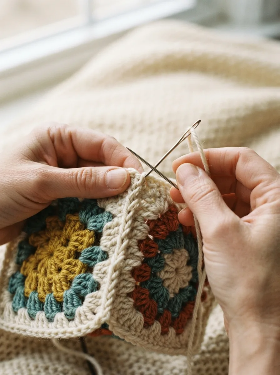 Two granny squares being joined with a whip stitch through the back loops.