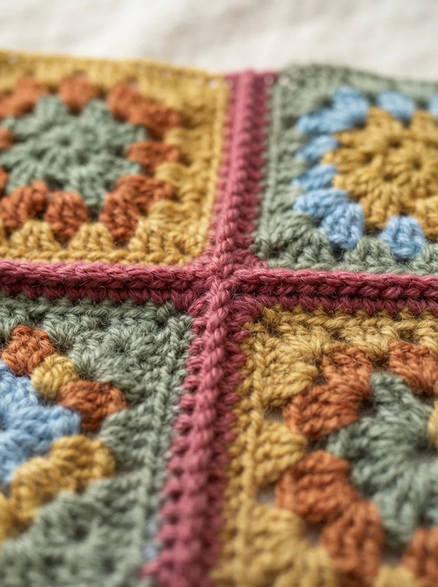 Granny squares joined with a raised slip stitch seam as a decorative ridge.