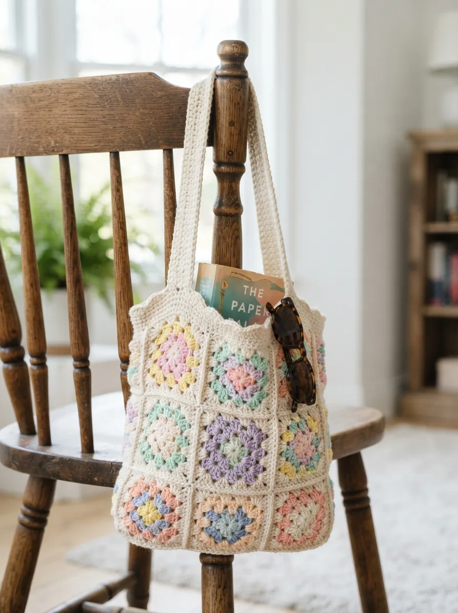 A granny square tote bag made from two large squares with sturdy straps.