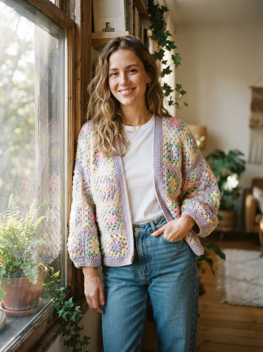 A granny square cardigan in pastel squares worn by a woman in soft natural light.