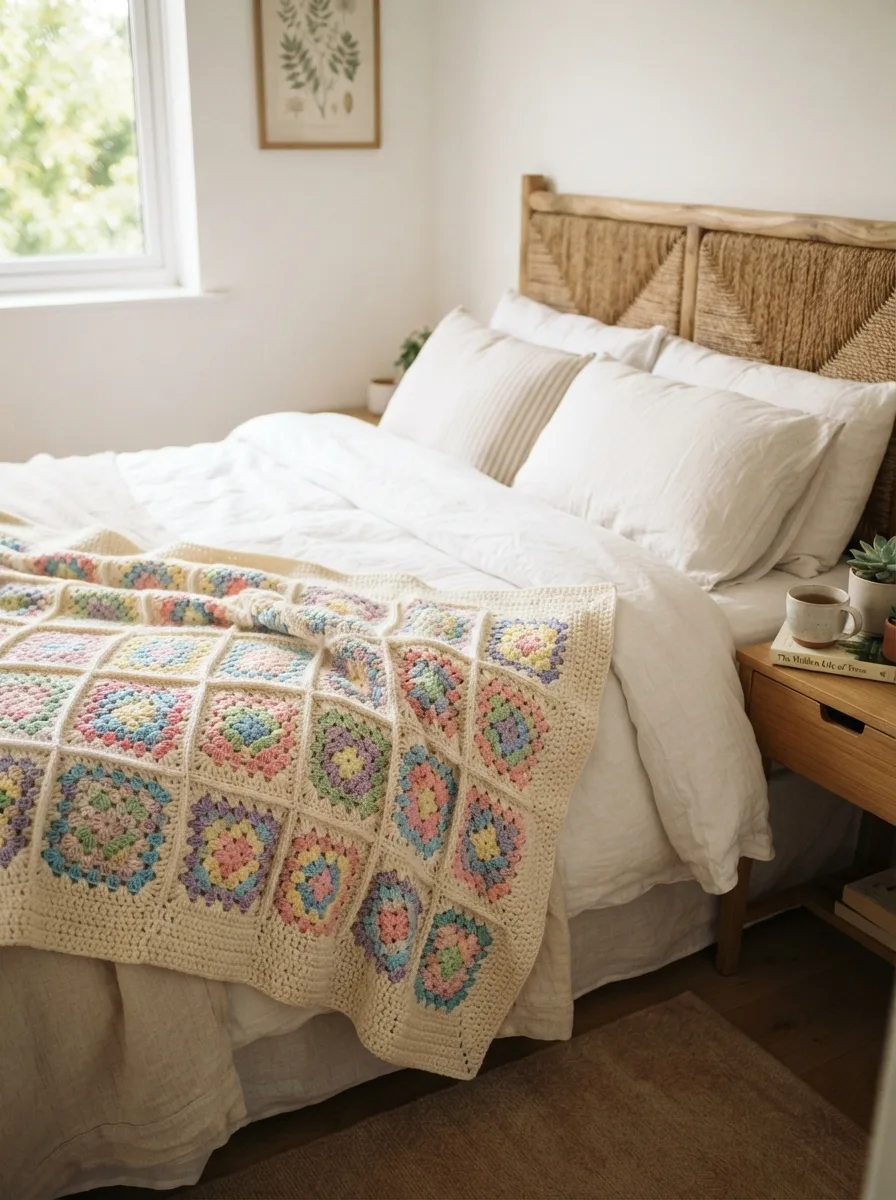A finished granny square blanket draped over a bed in a bright bedroom.