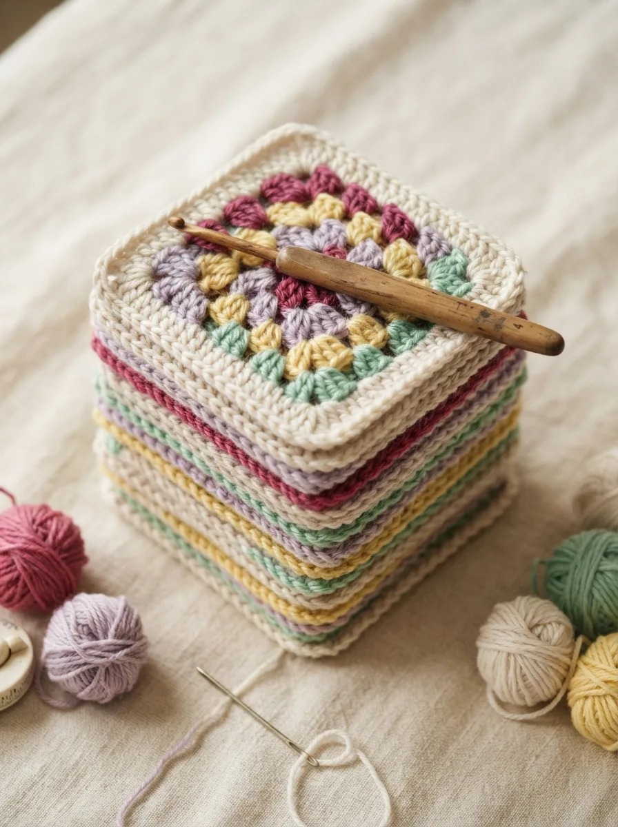 A stack of colorful classic granny squares in berry, lilac, butter, and mint with cream borders, a crochet hook resting on top.
