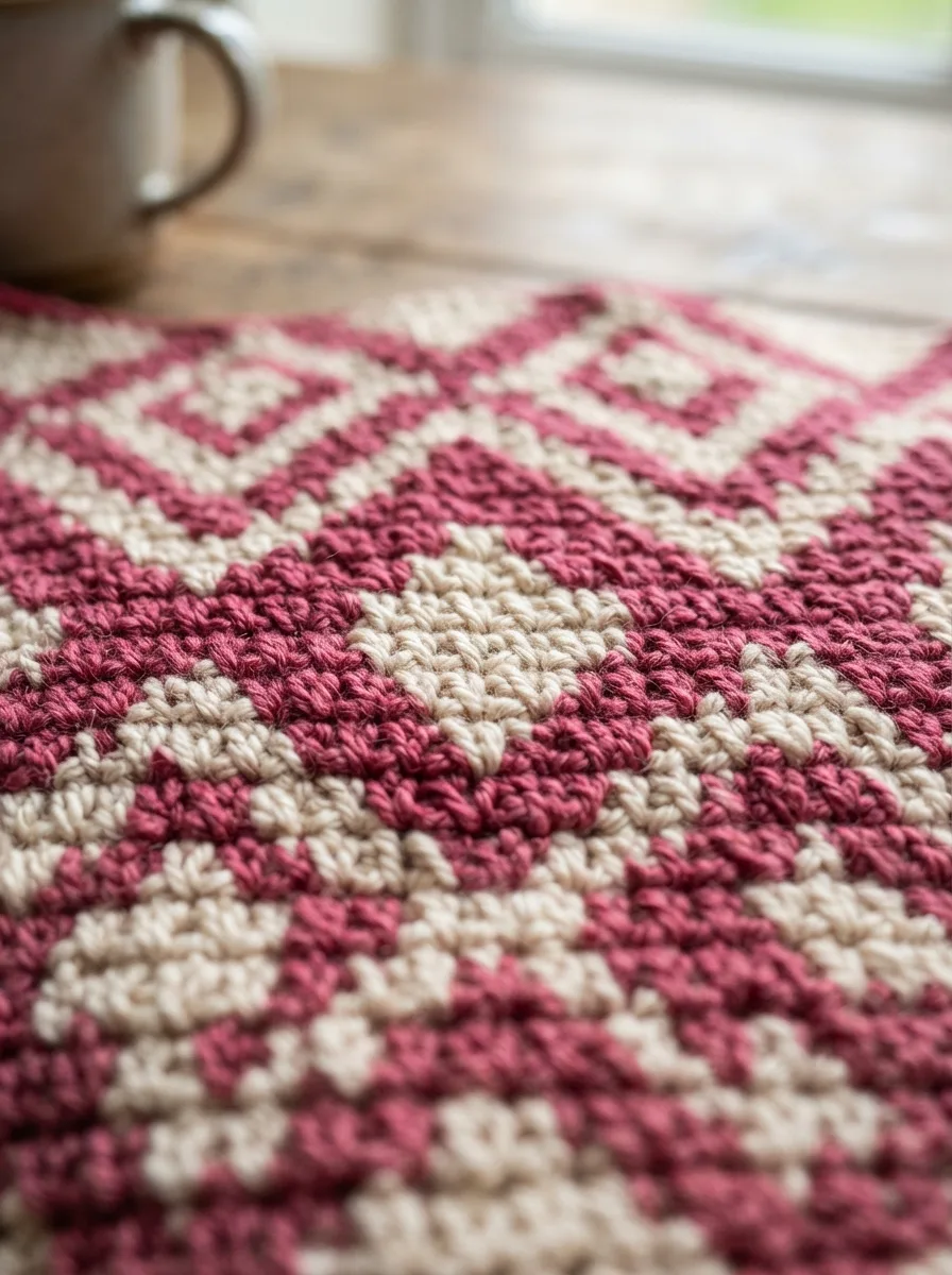 A close-up of tapestry crochet fabric showing sharp color changes in single crochet.