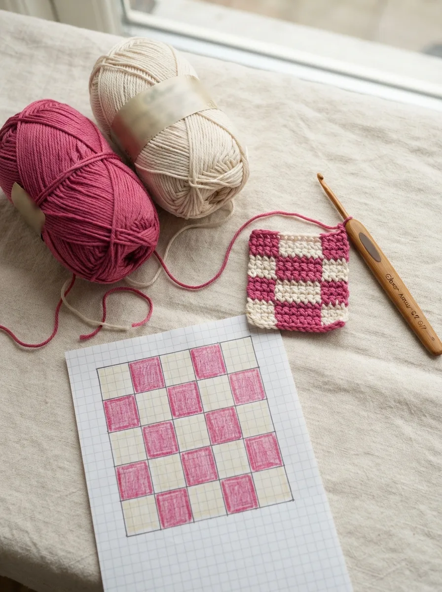 Two colors of cotton yarn, a 4 mm hook, and a printed grid chart for a tapestry project.