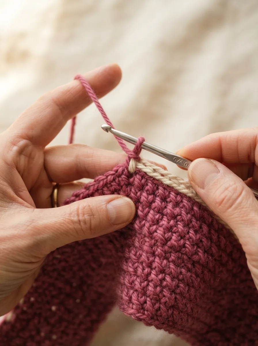The unused yarn color laid along the top of the row and crocheted over.