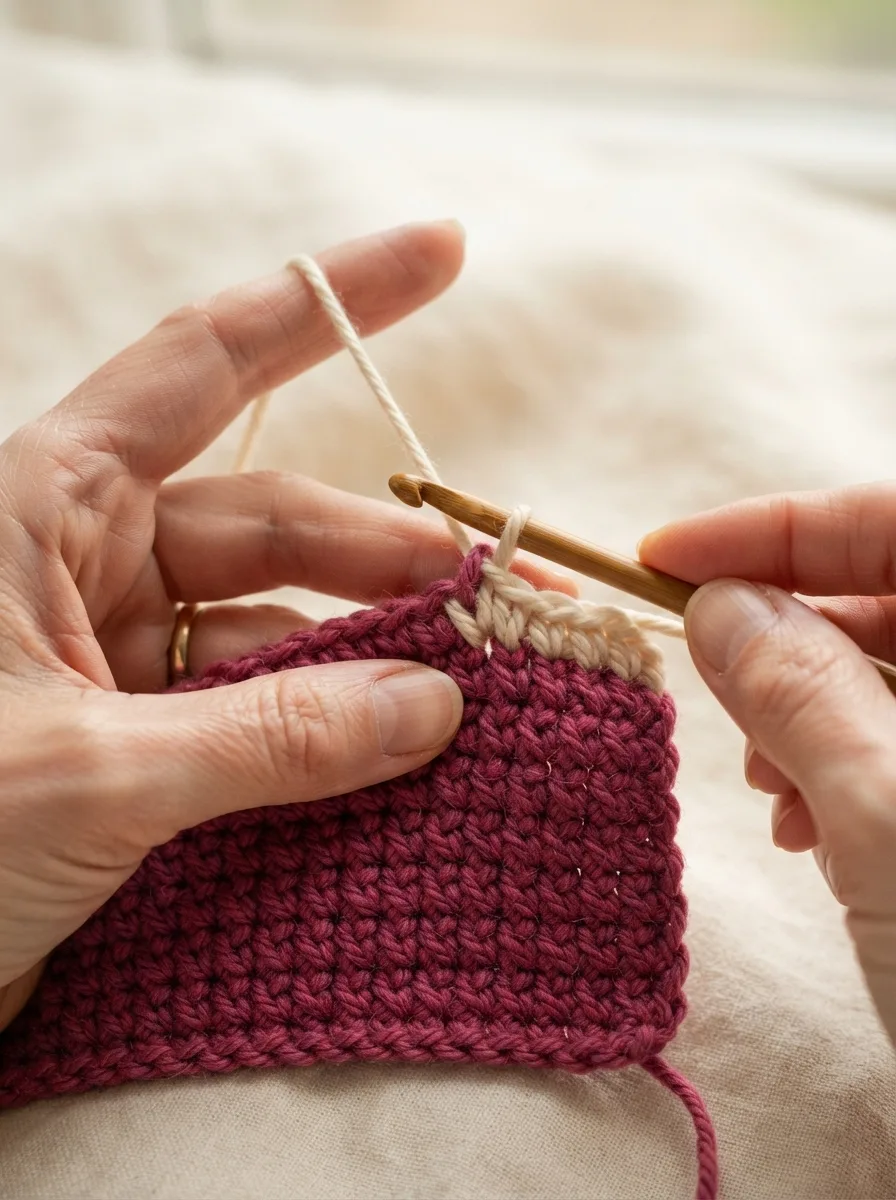 Hands completing a single crochet with the new color on the last yarn over.