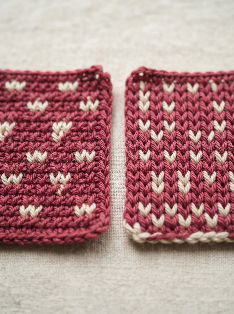 A tapestry crochet swatch with slanting stitches compared to one with straight vertical stitches.