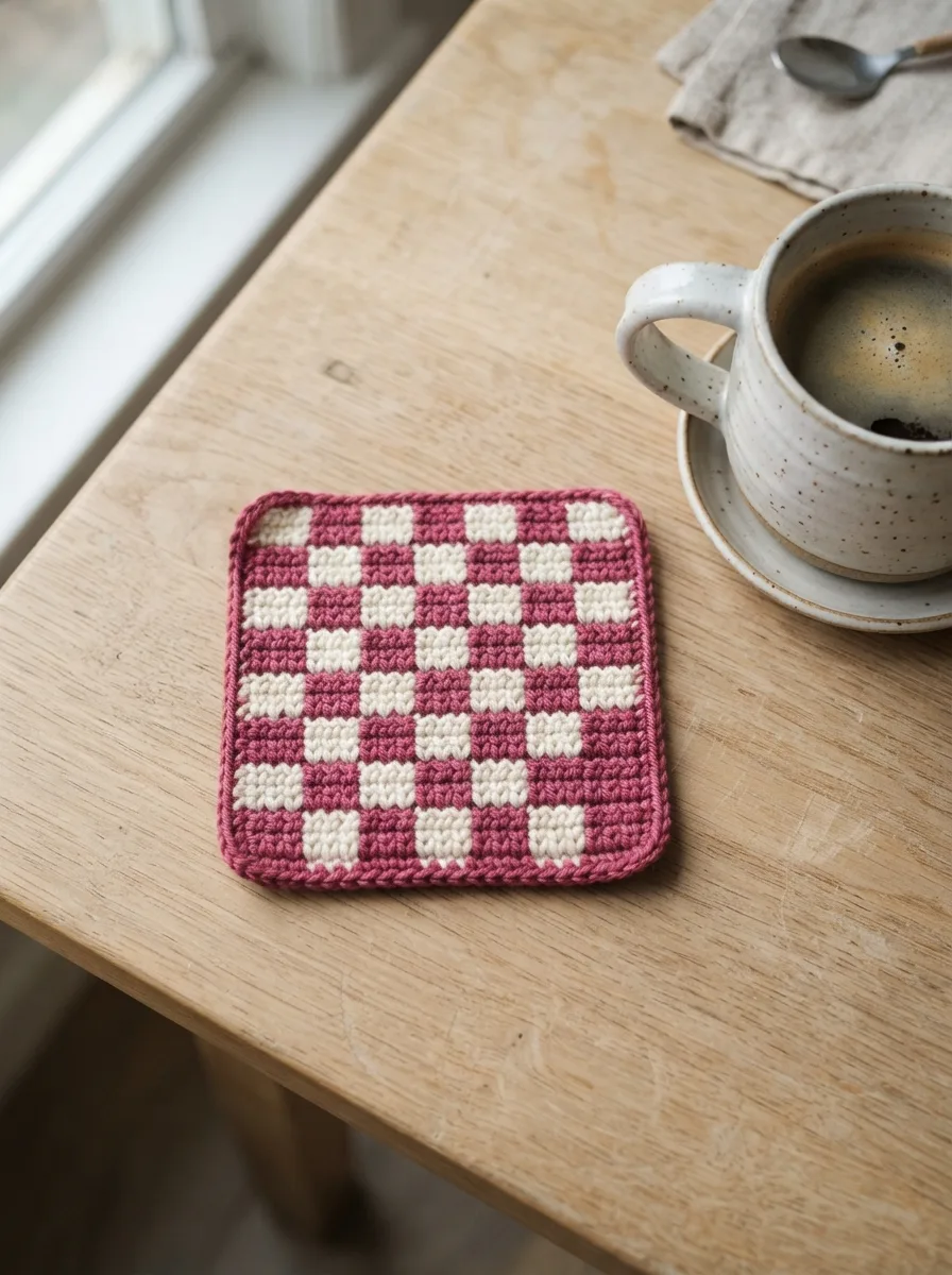 A finished checkerboard tapestry crochet coaster in pink and cream.