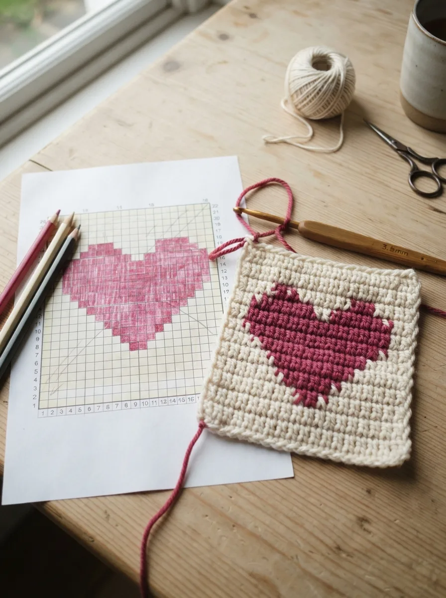 A colored grid chart with a heart motif next to its tapestry crochet version.