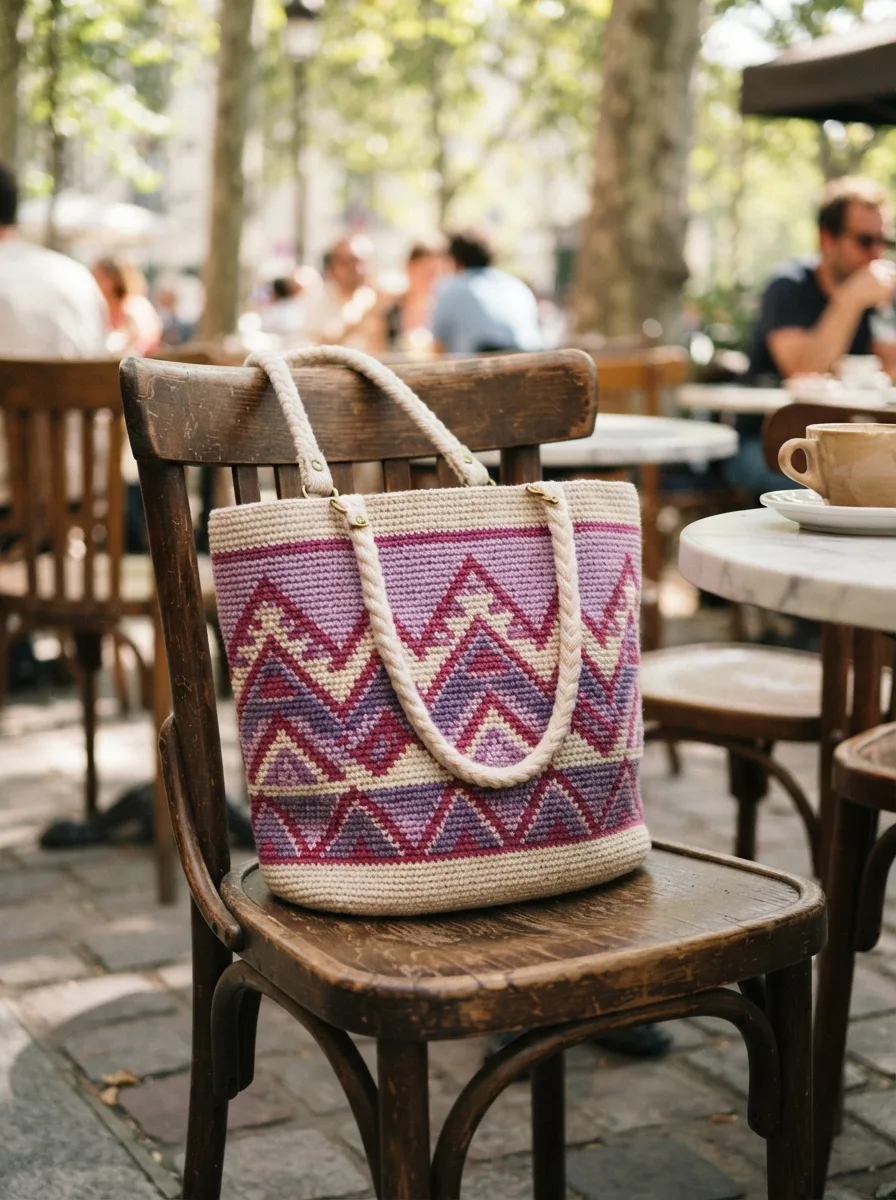 A tapestry crochet tote bag with a mountain pattern, worked in the round.