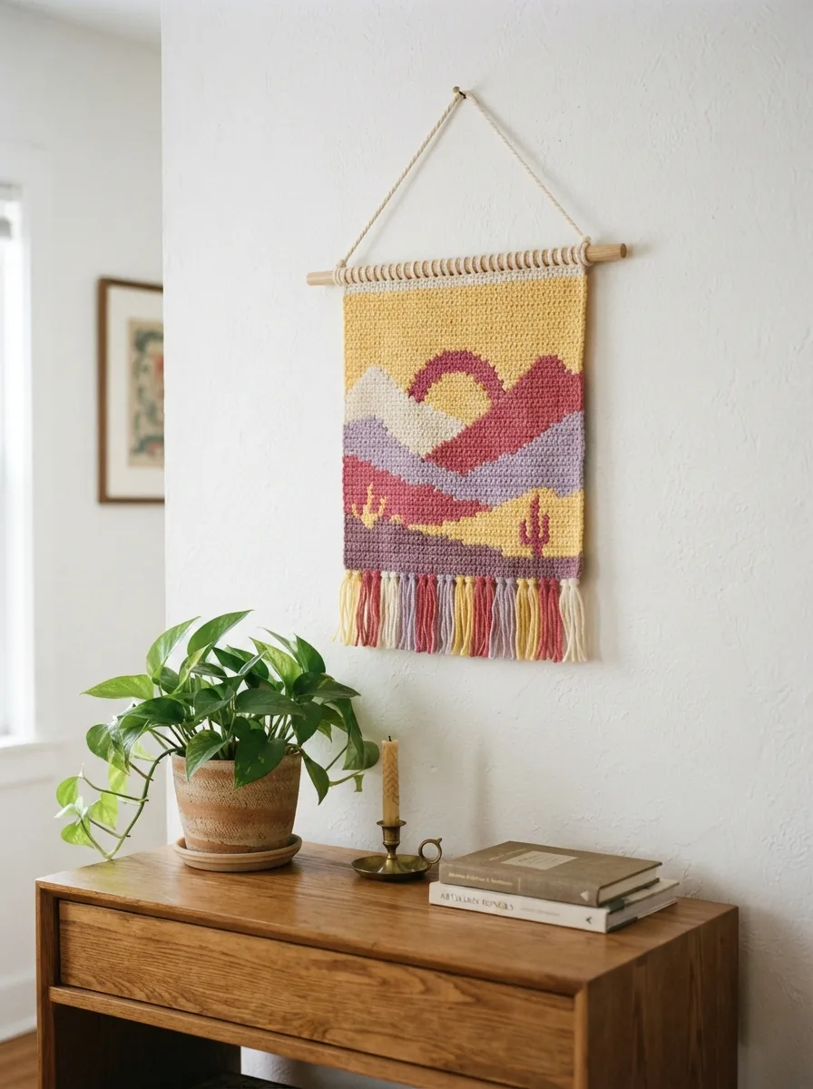 A tapestry crochet wall hanging with a sun and mountains design hanging on a wooden dowel.