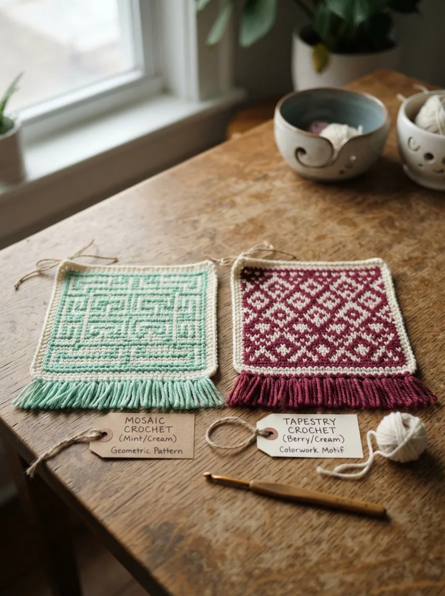 A mosaic crochet swatch with a geometric pattern next to a tapestry swatch for comparison.