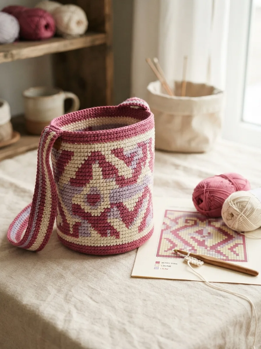A tapestry crochet bag with a geometric pattern in berry, cream, and lilac beside a graph-paper chart and yarn balls.
