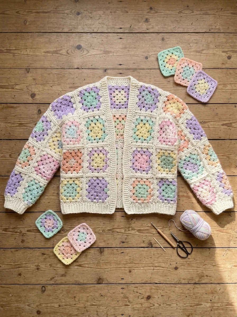 A granny square cardigan laid flat showing the square layout of body and sleeves.