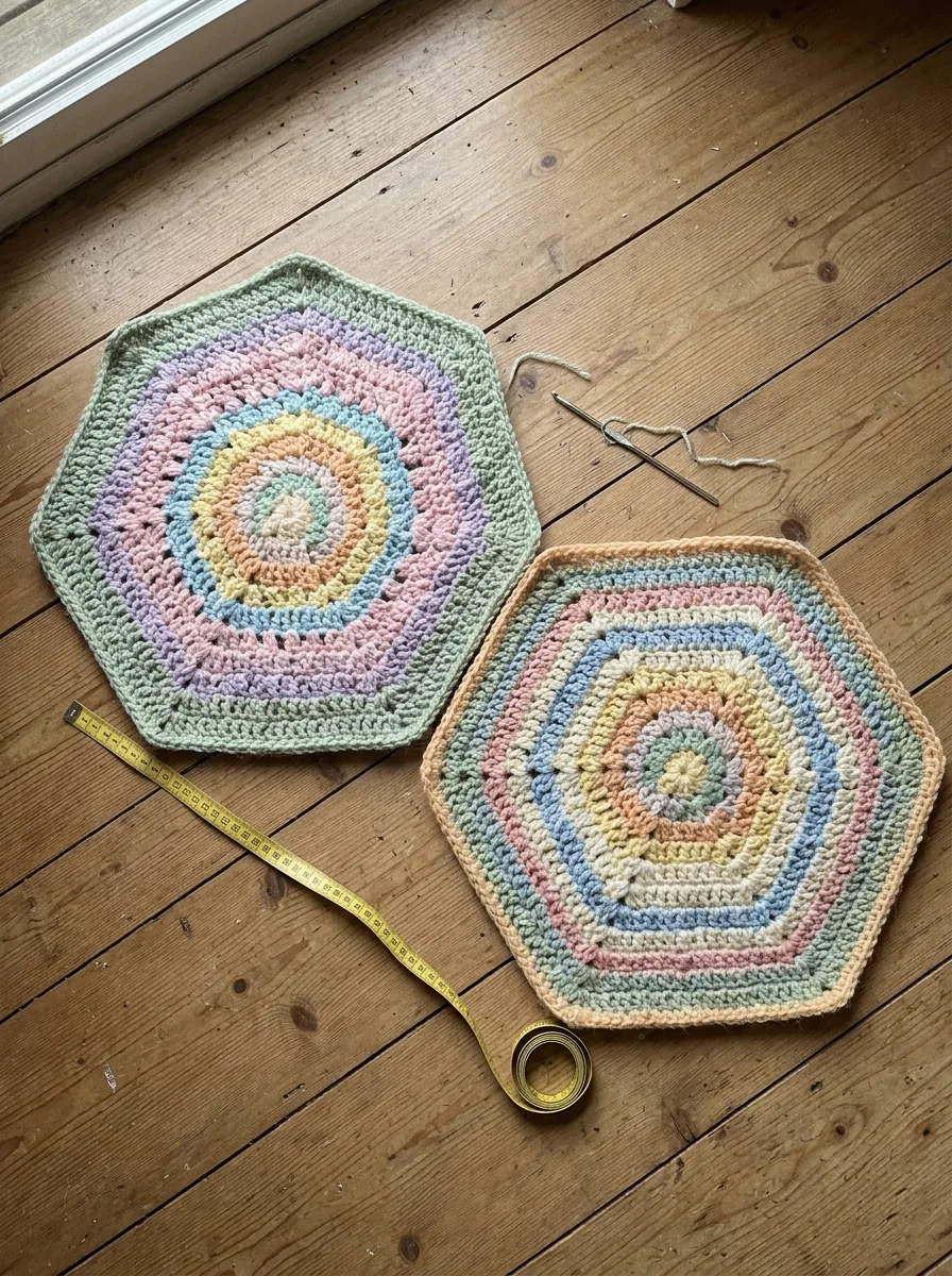 Two large crochet hexagons laid side by side before being folded into a cardigan.