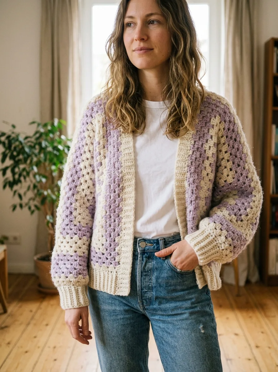 A woman wearing a finished hexagon crochet cardigan with ribbed cuffs.