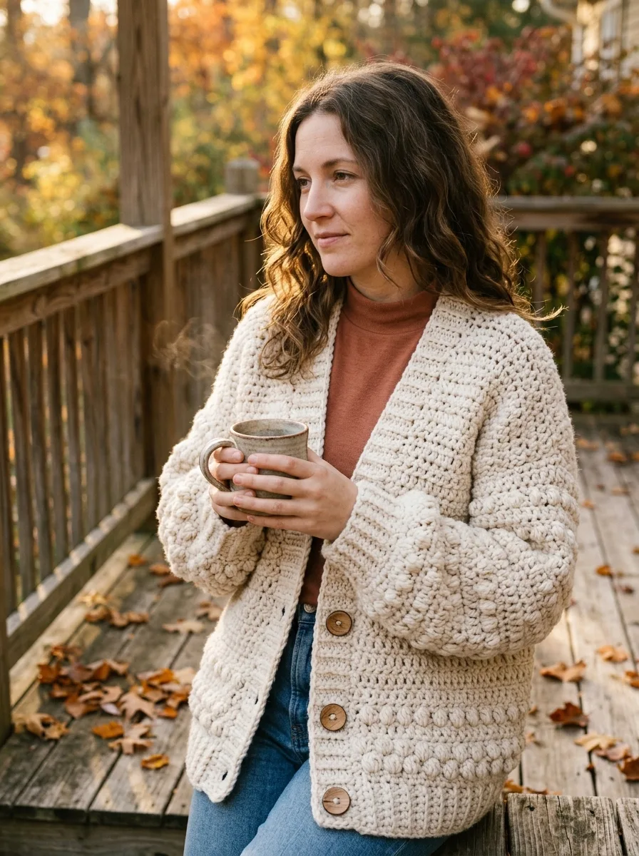 A chunky crochet cardigan in cream bulky yarn with big buttons.