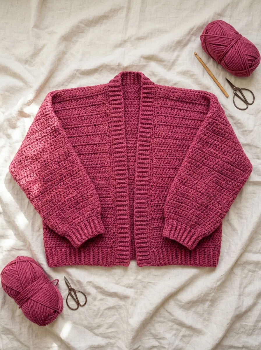 A simple rectangle-construction crochet cardigan with drop shoulders.