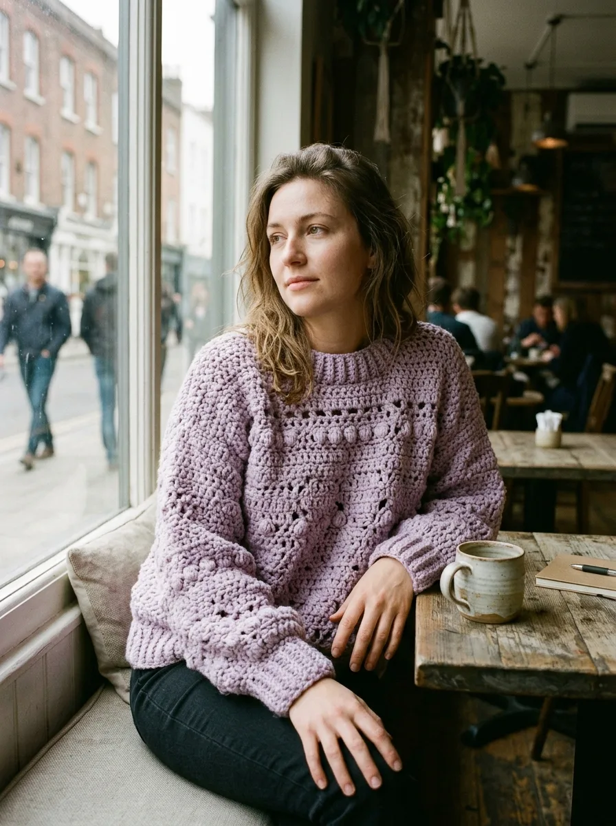 A textured crochet pullover sweater in lilac with ribbed cuffs.
