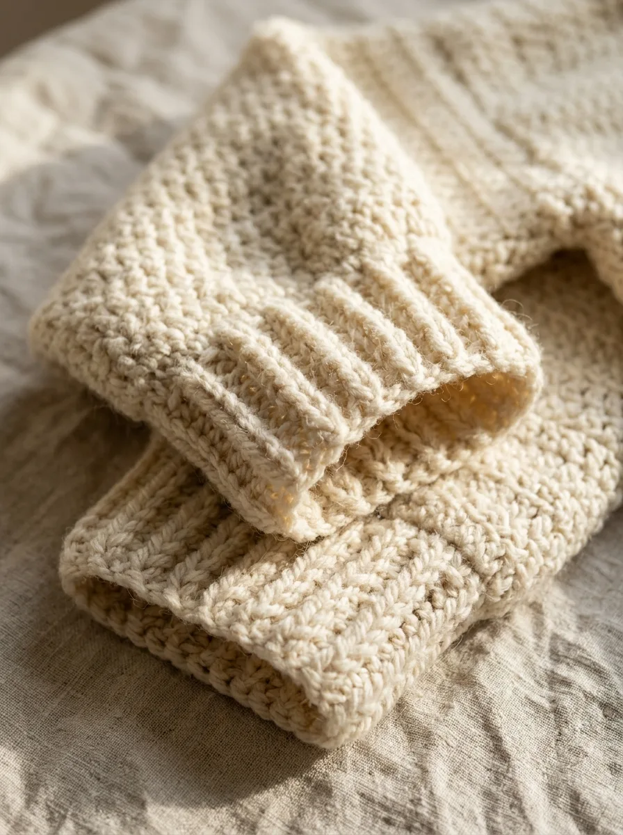 Front post and back post ribbing on a crochet cardigan cuff.