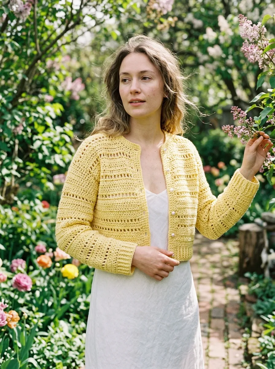 A cropped crochet cardigan in butter yellow with small buttons.