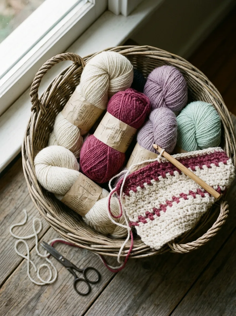 Skeins of soft wool-blend yarn in several colors for a sweater project.