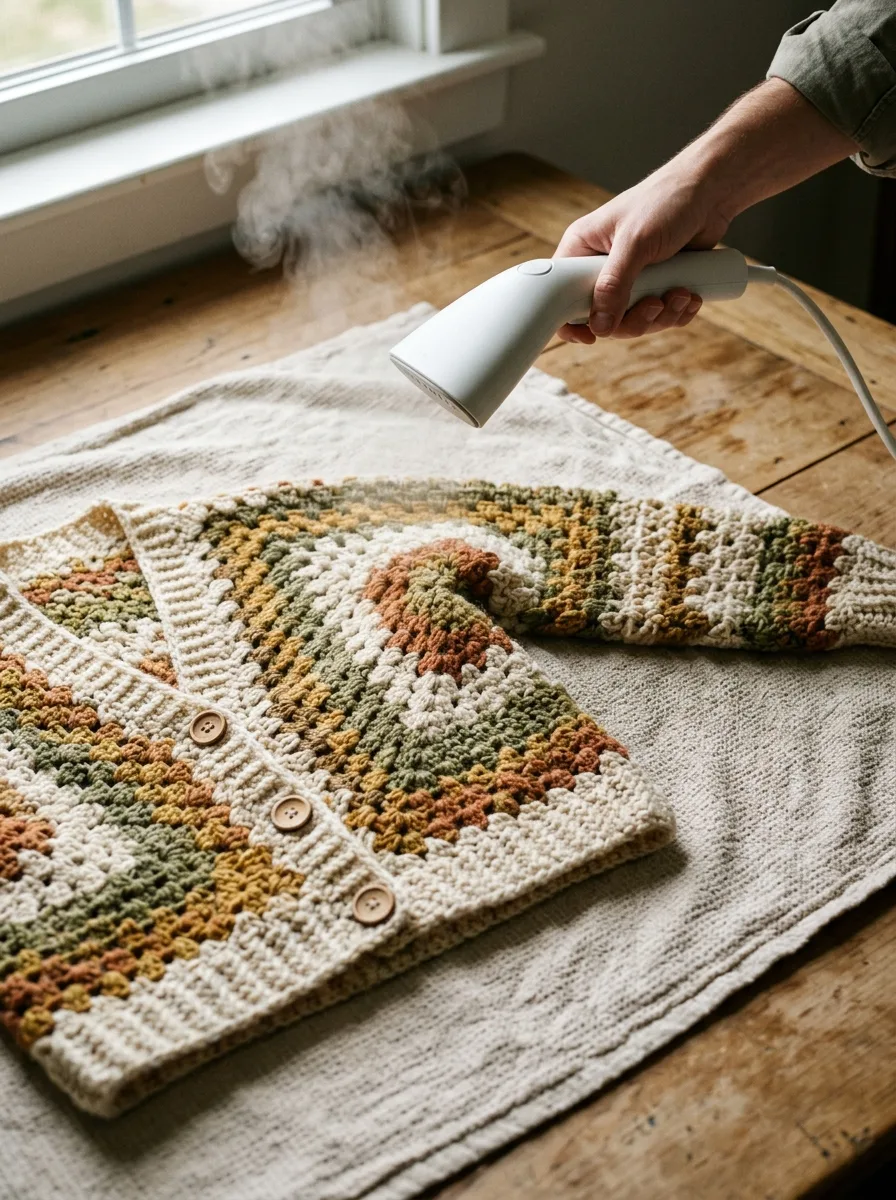A folded crochet cardigan being blocked with steam.