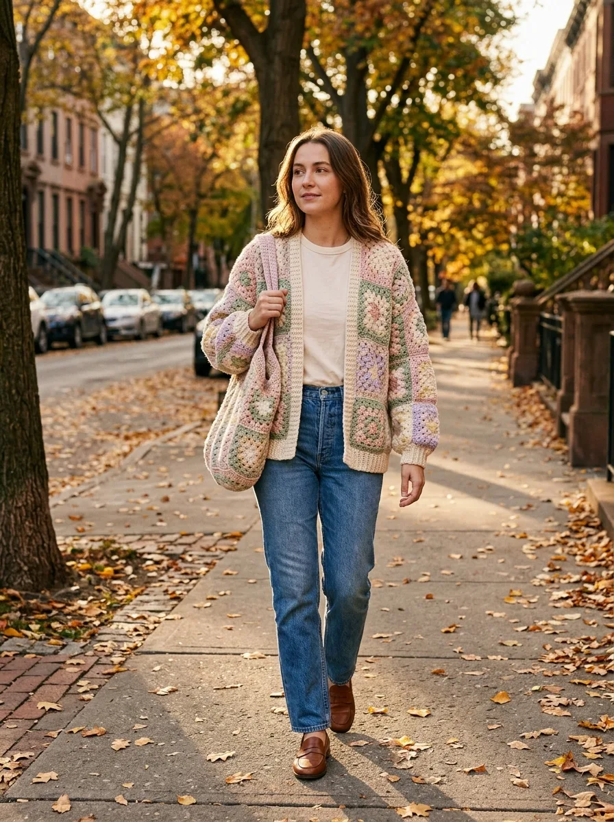 A crochet cardigan styled with jeans and a tote bag for autumn.