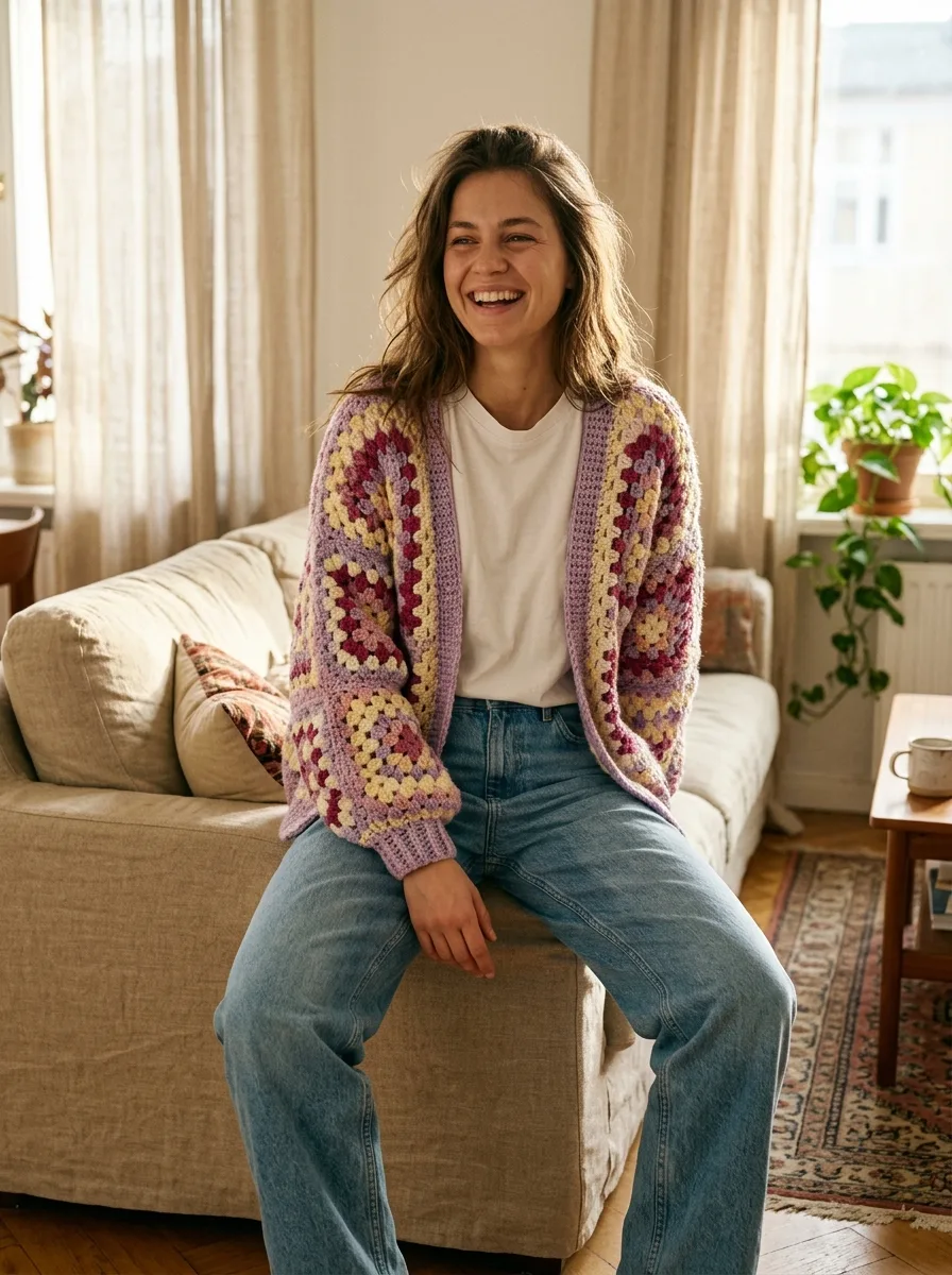 A woman wearing an oversized pastel granny-square crochet cardigan over a white tee in a cozy sunlit room.