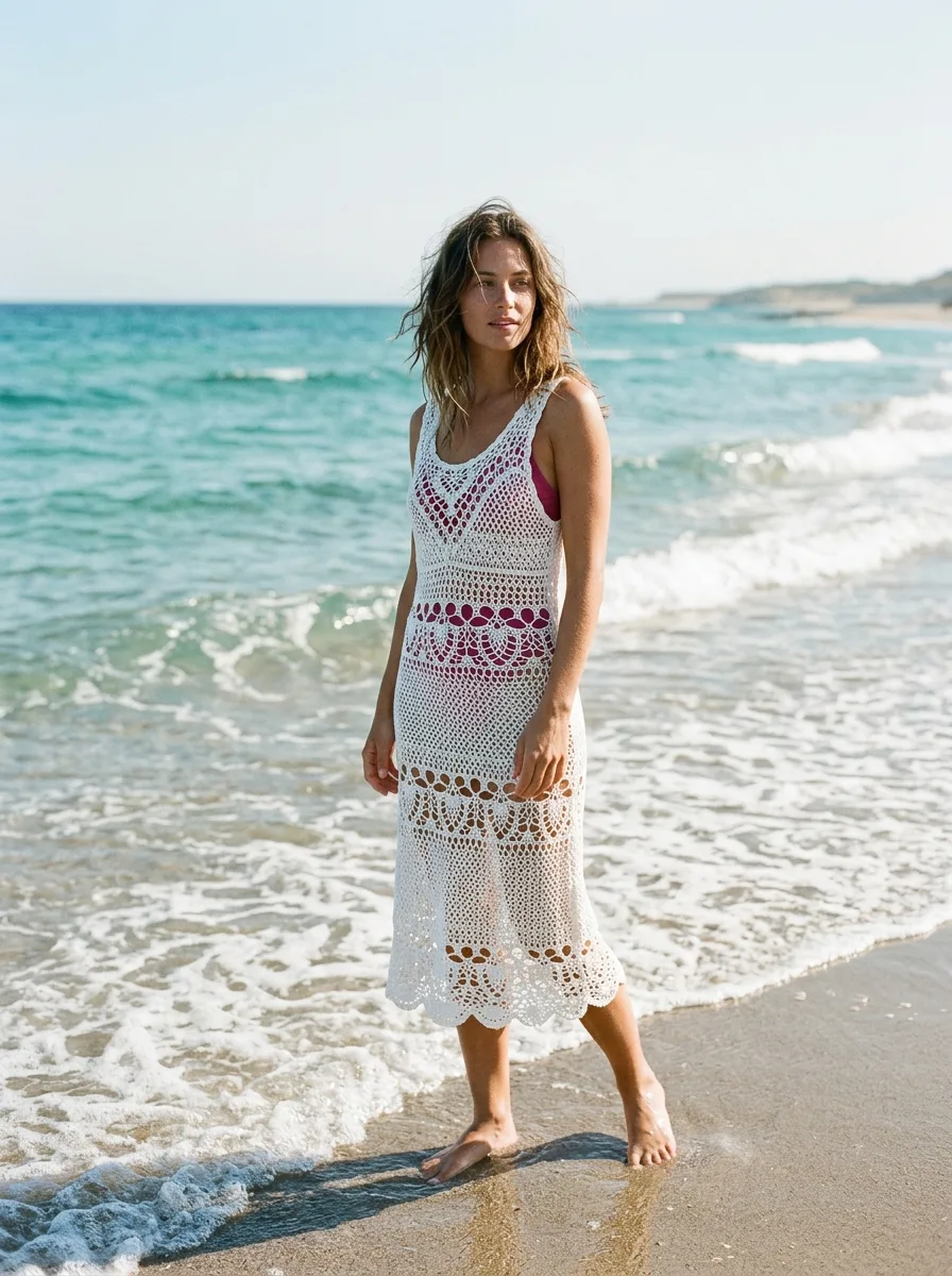 A lacy crochet beach cover-up dress over a swimsuit.