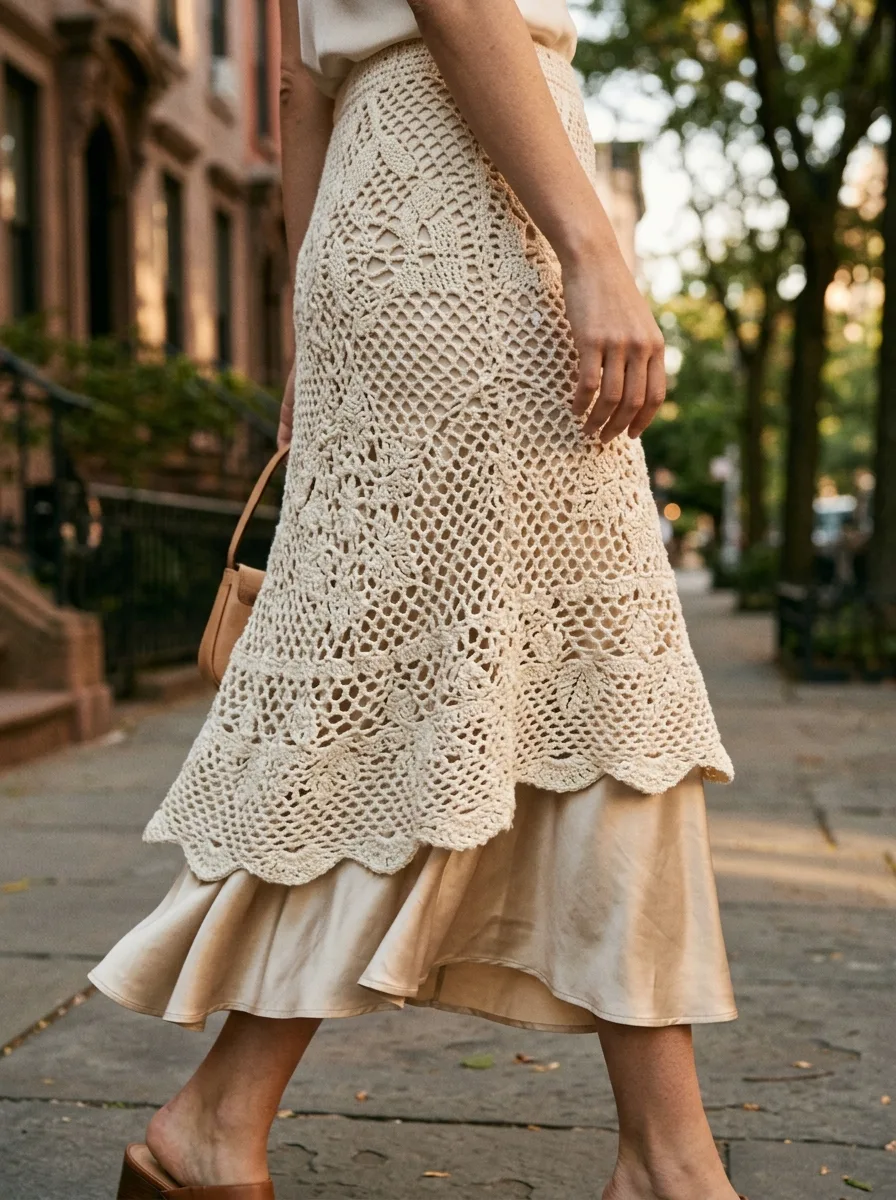 A lacy crochet midi skirt layered over a satin slip skirt.