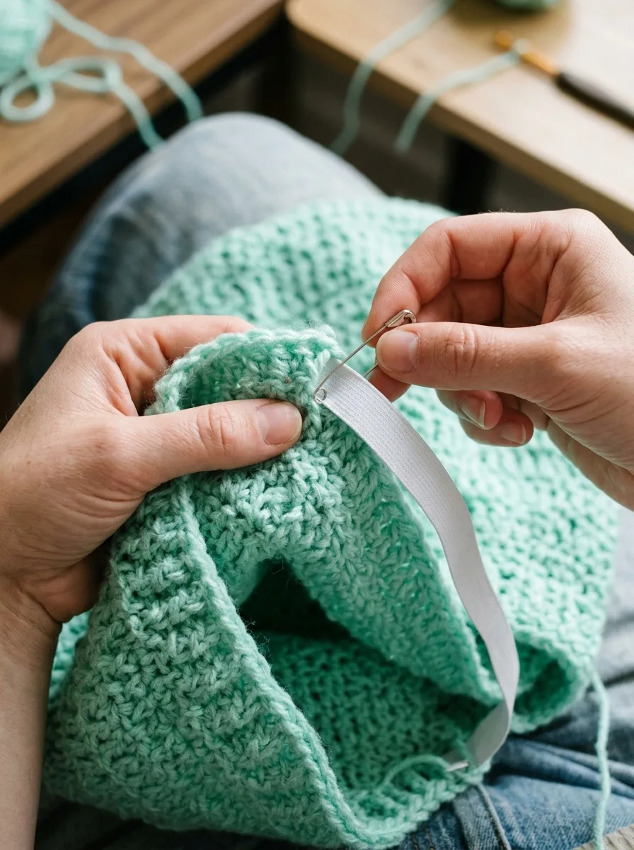 Elastic being threaded through a crochet skirt waistband casing.