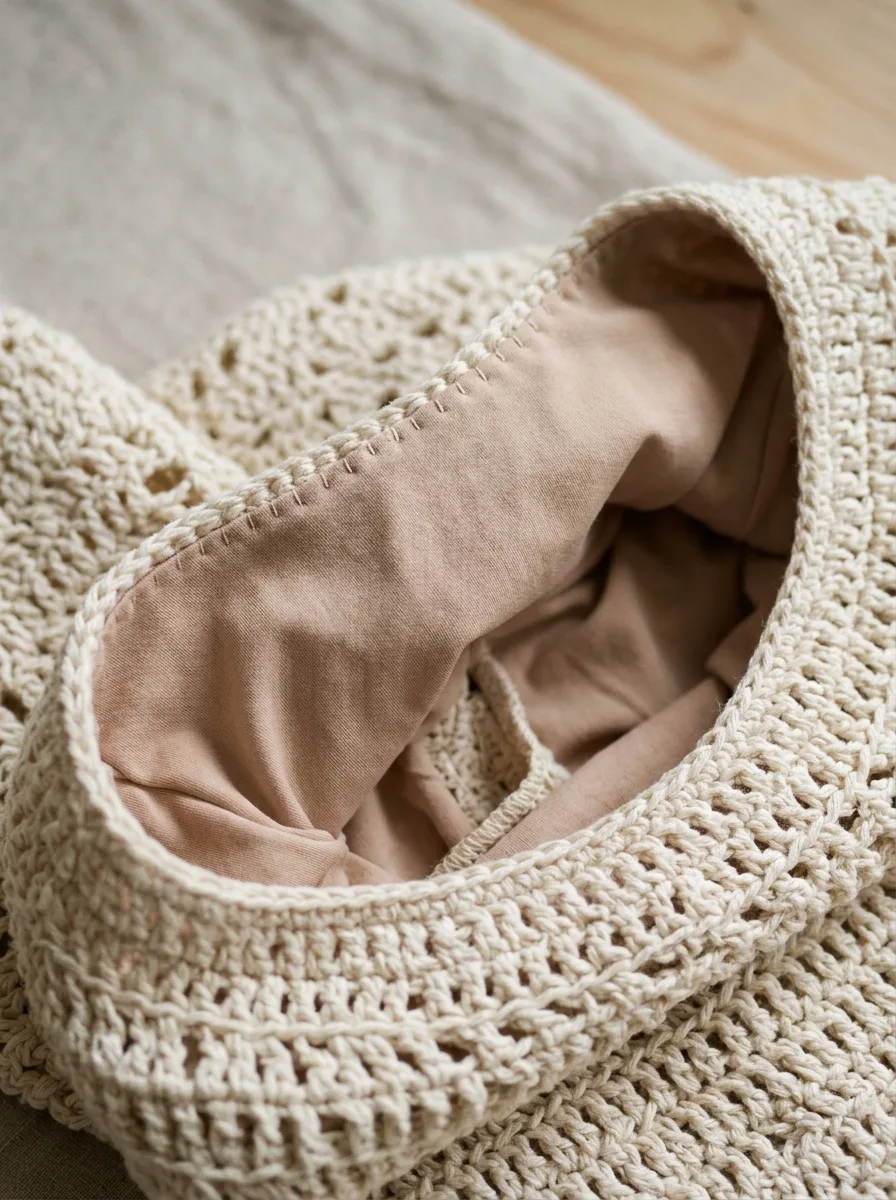 A fabric lining sewn inside a crochet dress.