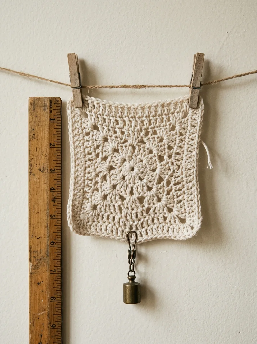A crochet dress swatch hung with clips to test how the fabric grows.