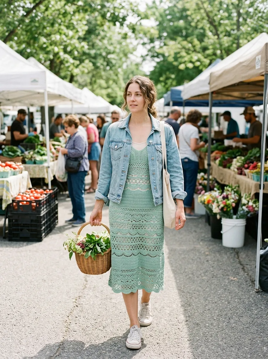 A crochet midi dress styled with a denim jacket and sneakers.