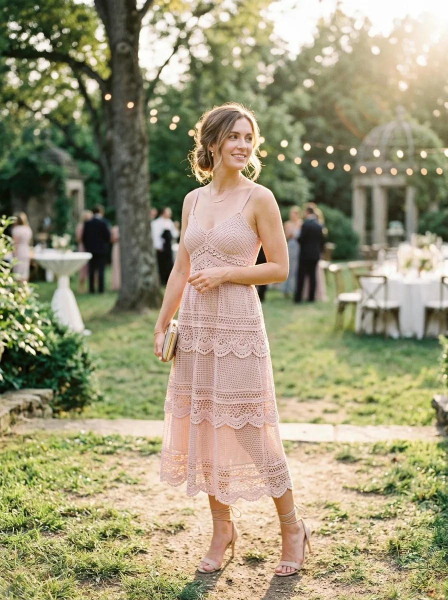 A crochet wedding guest dress in blush with delicate lace stitches.