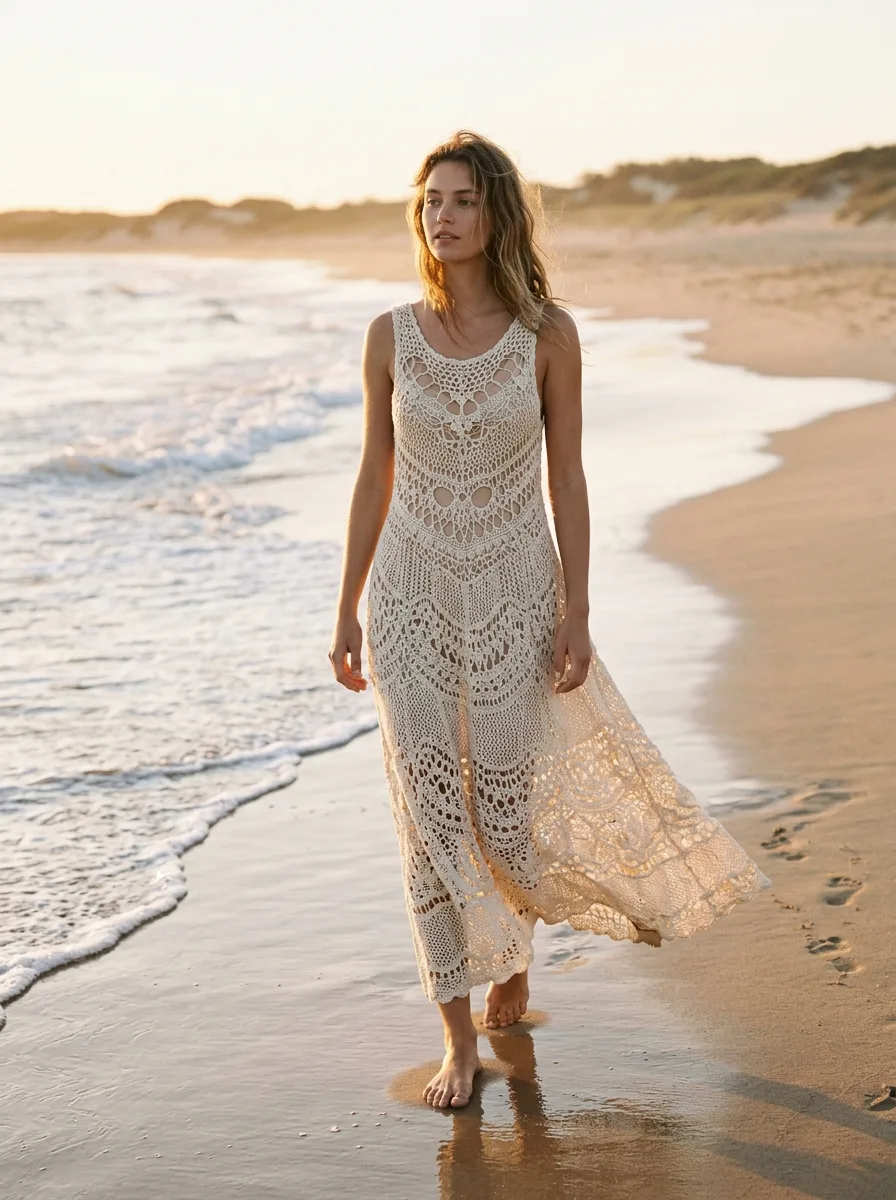 A woman in a flowing cream crochet maxi dress walking on a beach at golden hour.