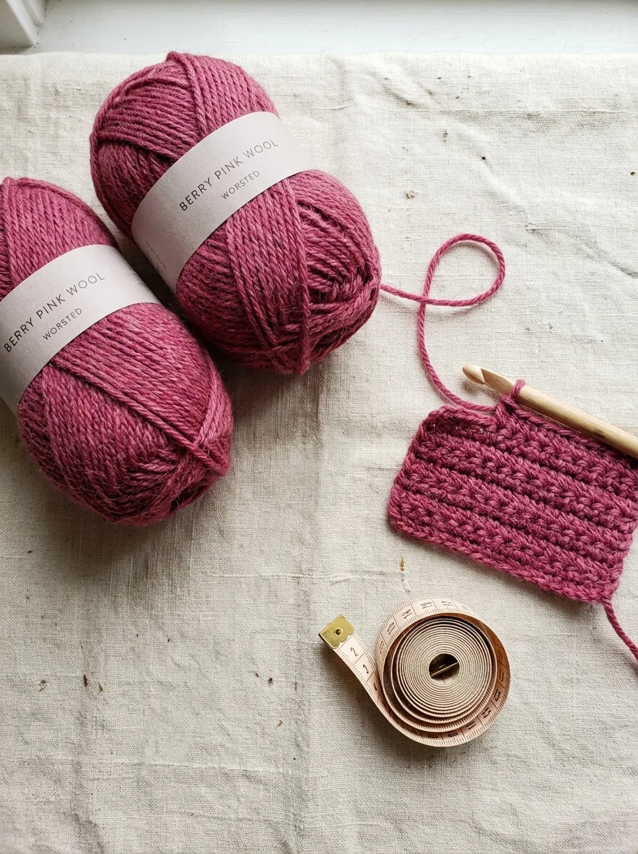 Worsted wool-blend yarn in berry pink with a 5.5 mm hook and a tape measure.