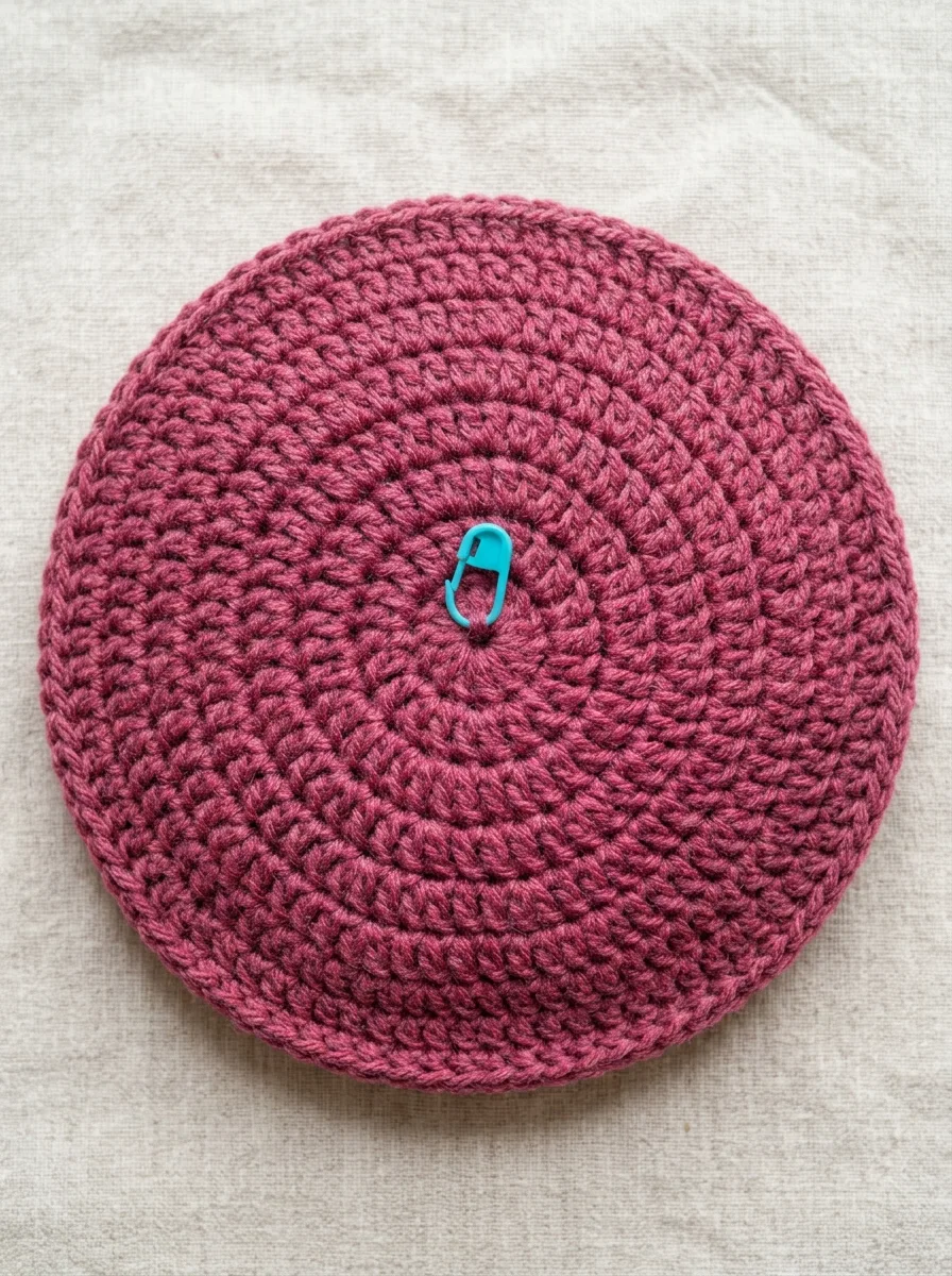 The flat crown of a crochet beanie with seven rounds of evenly spaced increases.