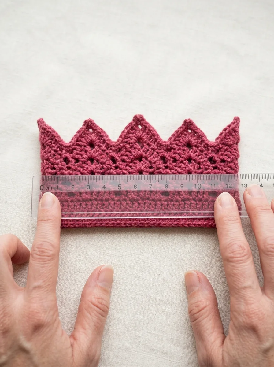 Measuring the diameter of a crochet beanie crown with a ruler.