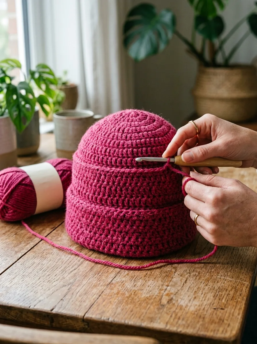 The body of a crochet beanie growing straight down with even rounds.