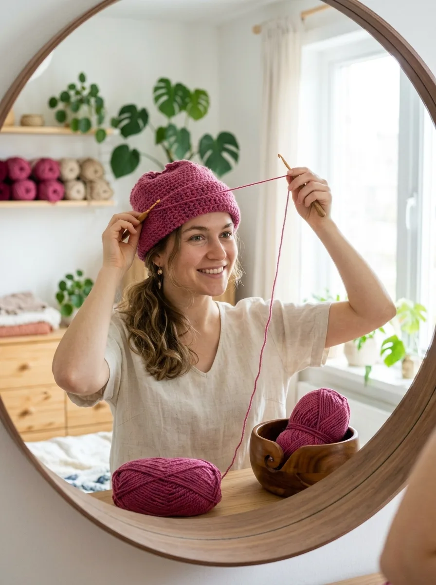 A woman trying on a half-finished crochet beanie in a mirror.