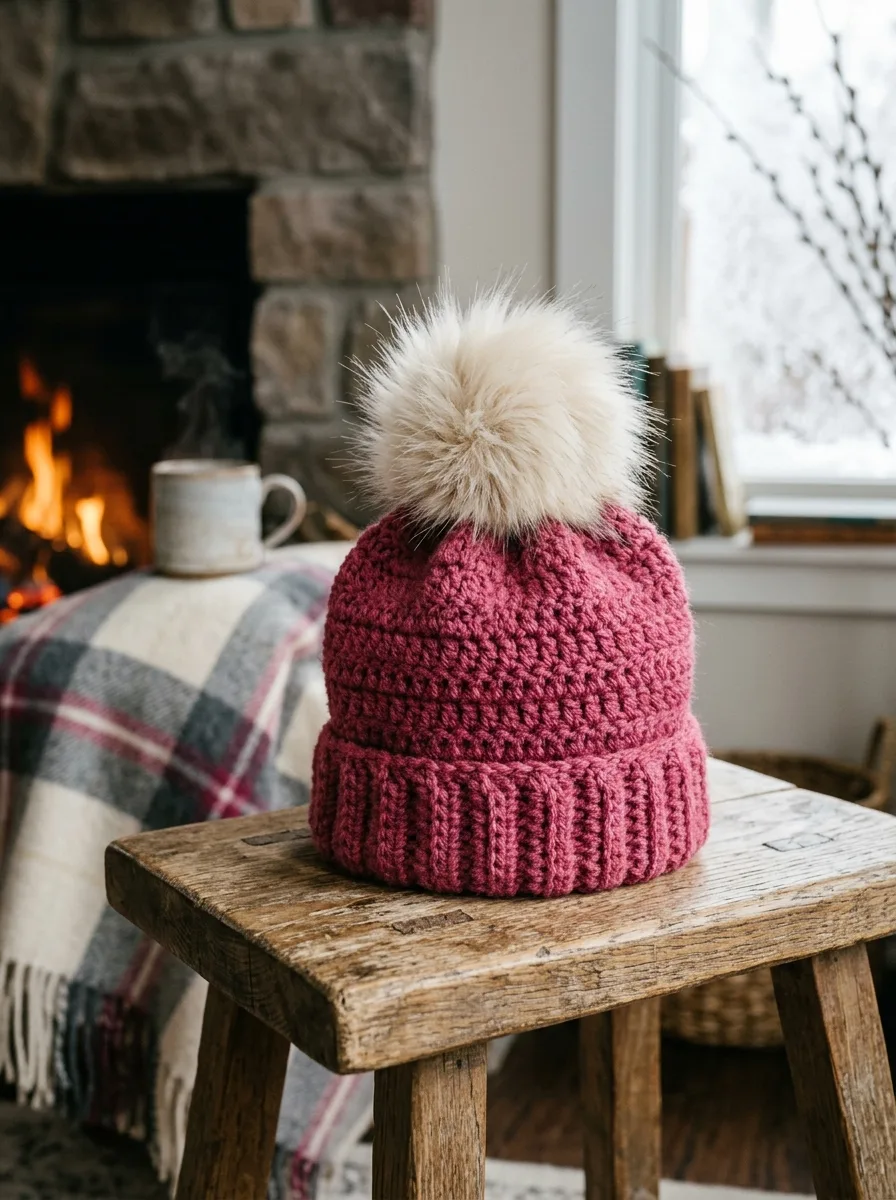 A finished crochet beanie with a fluffy faux-fur pom-pom.